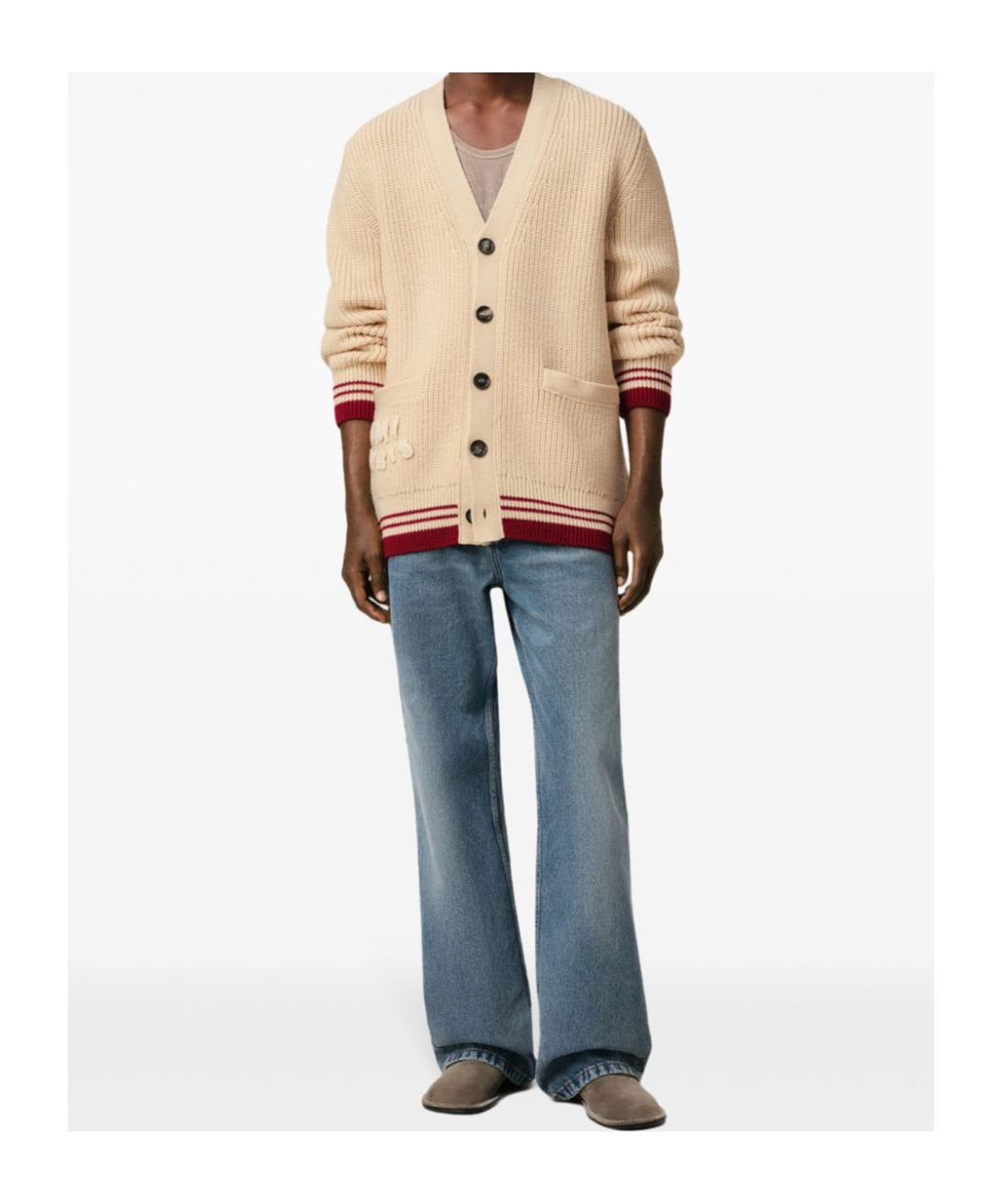 Shop Ami Alexandre Mattiussi Ribbed Wool Cardigan In Nude