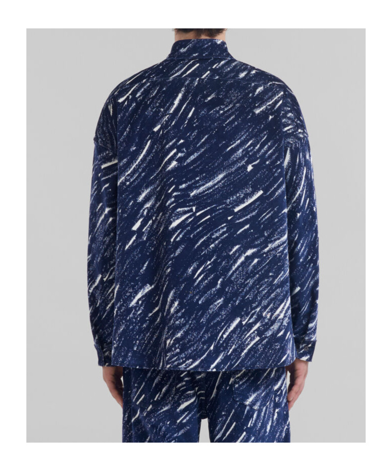 MARNI BLUE FLOCKED DENIM OVERSIZED SHIRT WITH CRAYON PRINT