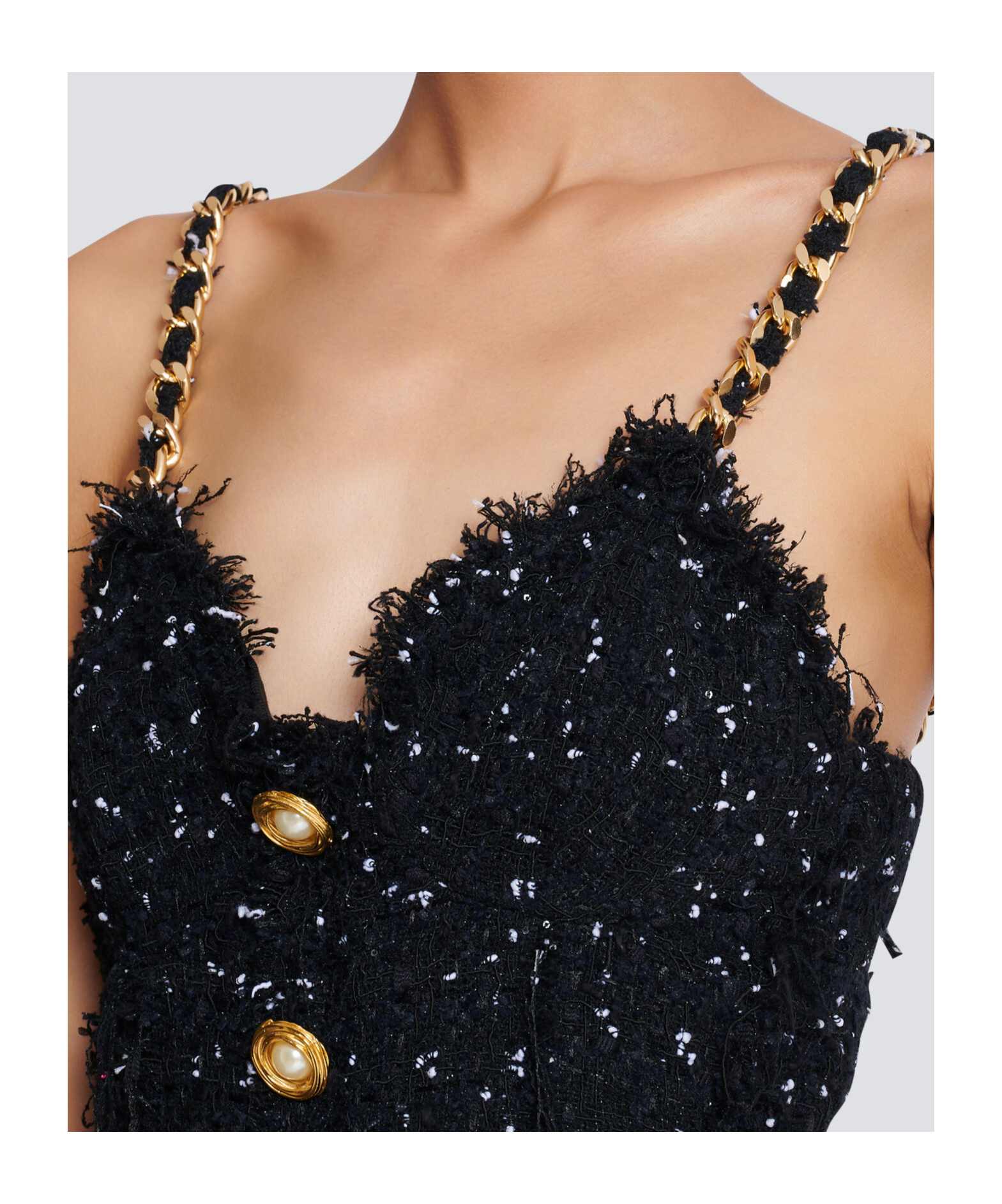 Balmain Short Polka Dot Dress With Chain Straps In Black