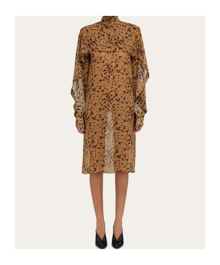 Ferragamo Orchid Print Silk Cape Midi Dress In Brown