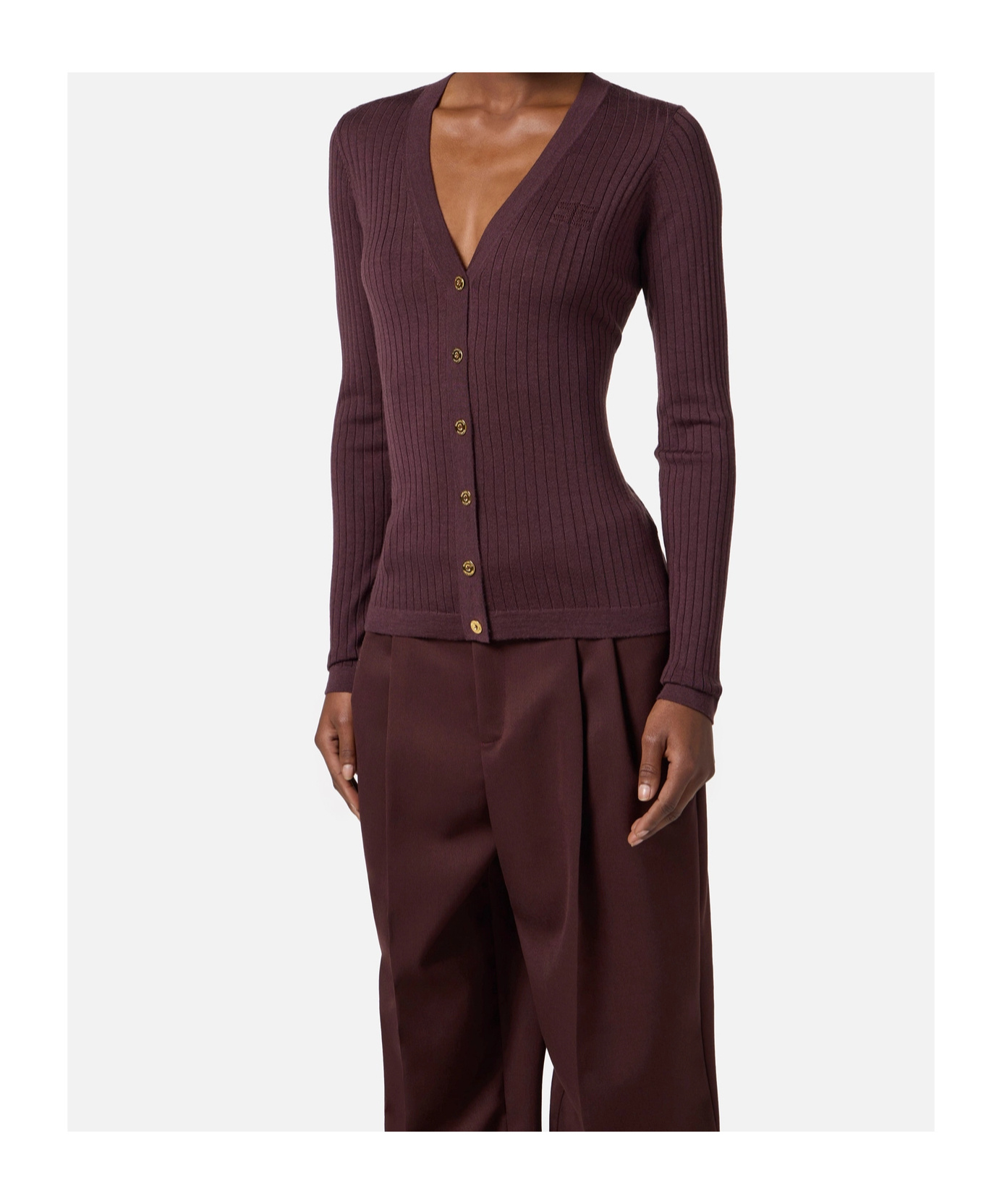 Elisabetta Franchi Cashmere Blend Ribbed Cardigan In Burgundy