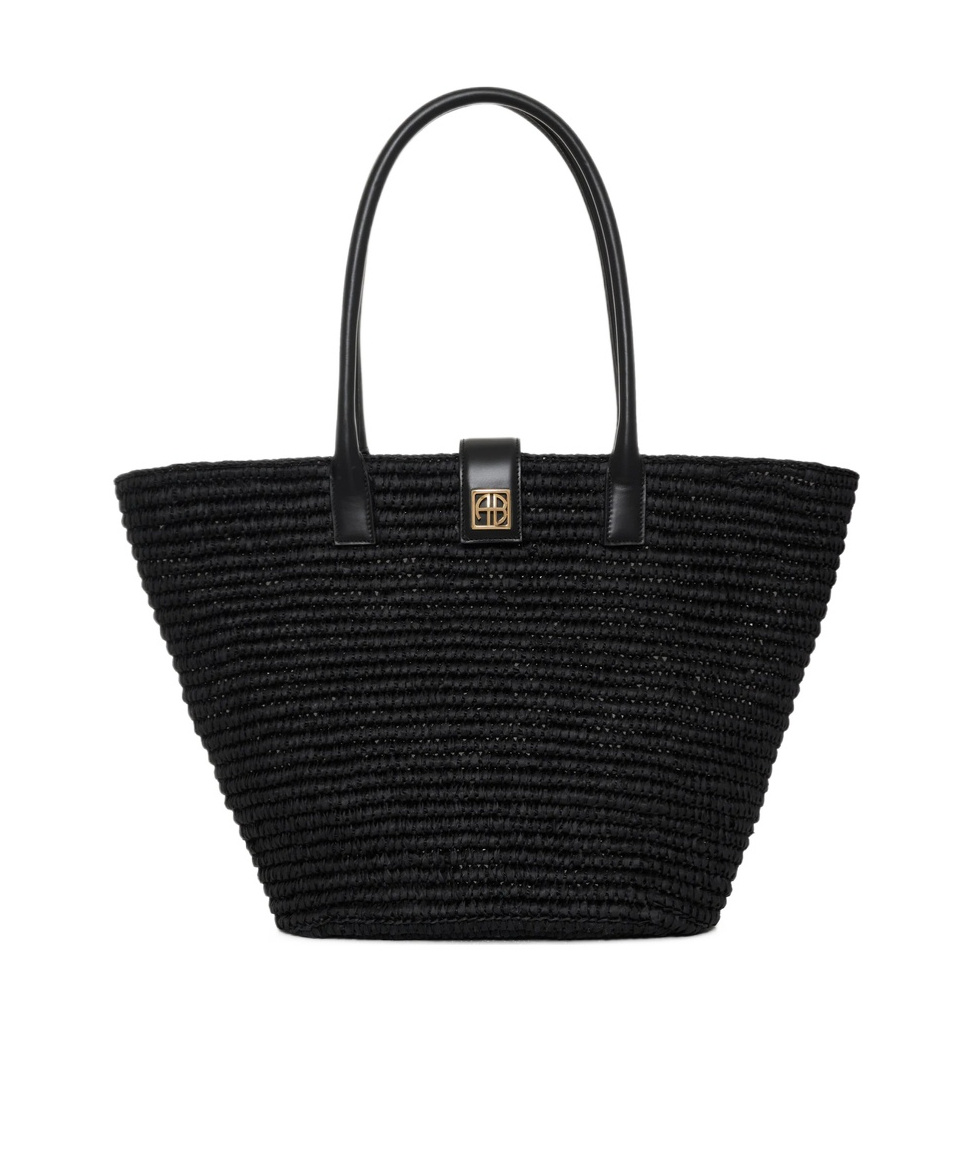 Anine Bing Womens Lou Monogram Raffia Tote Bag Black
