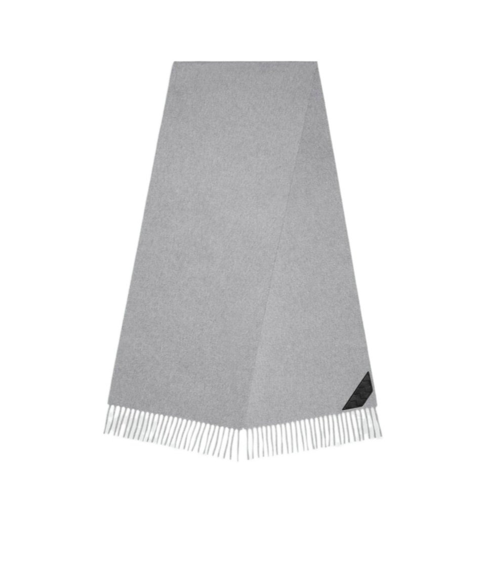 Bottega Veneta Intrecciato Leather-trimmed Fringed Cashmere Scarf In Gray