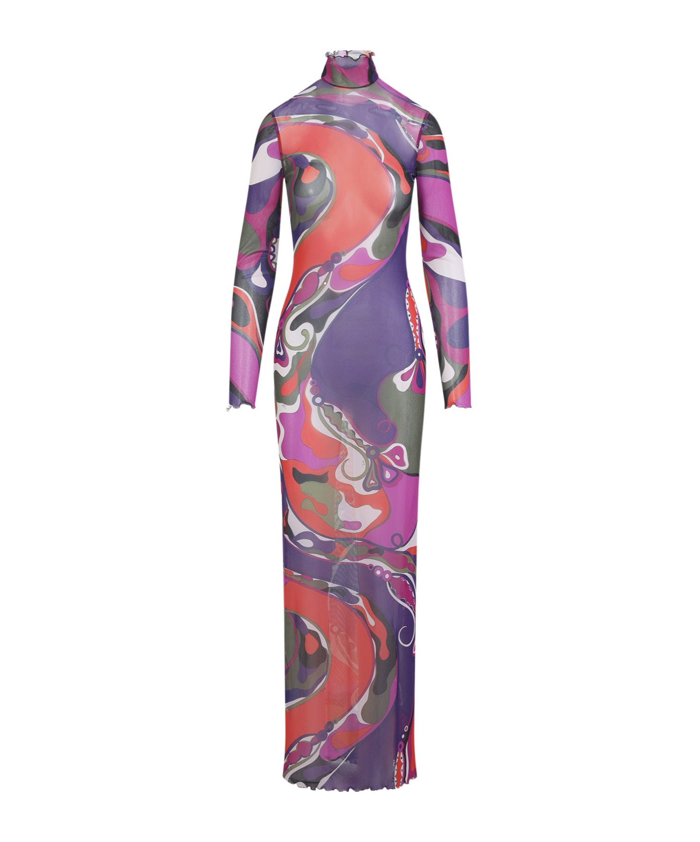 Pucci Sheer Long Sleeve Dress With Ruffled Collar In Multi
