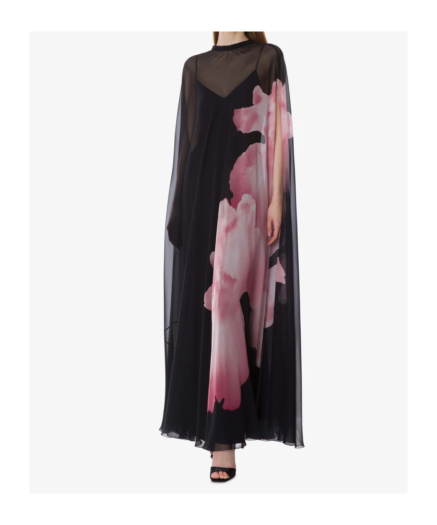 Alberta Ferretti Chiffon Maxi Dress With Orchid Print In Black