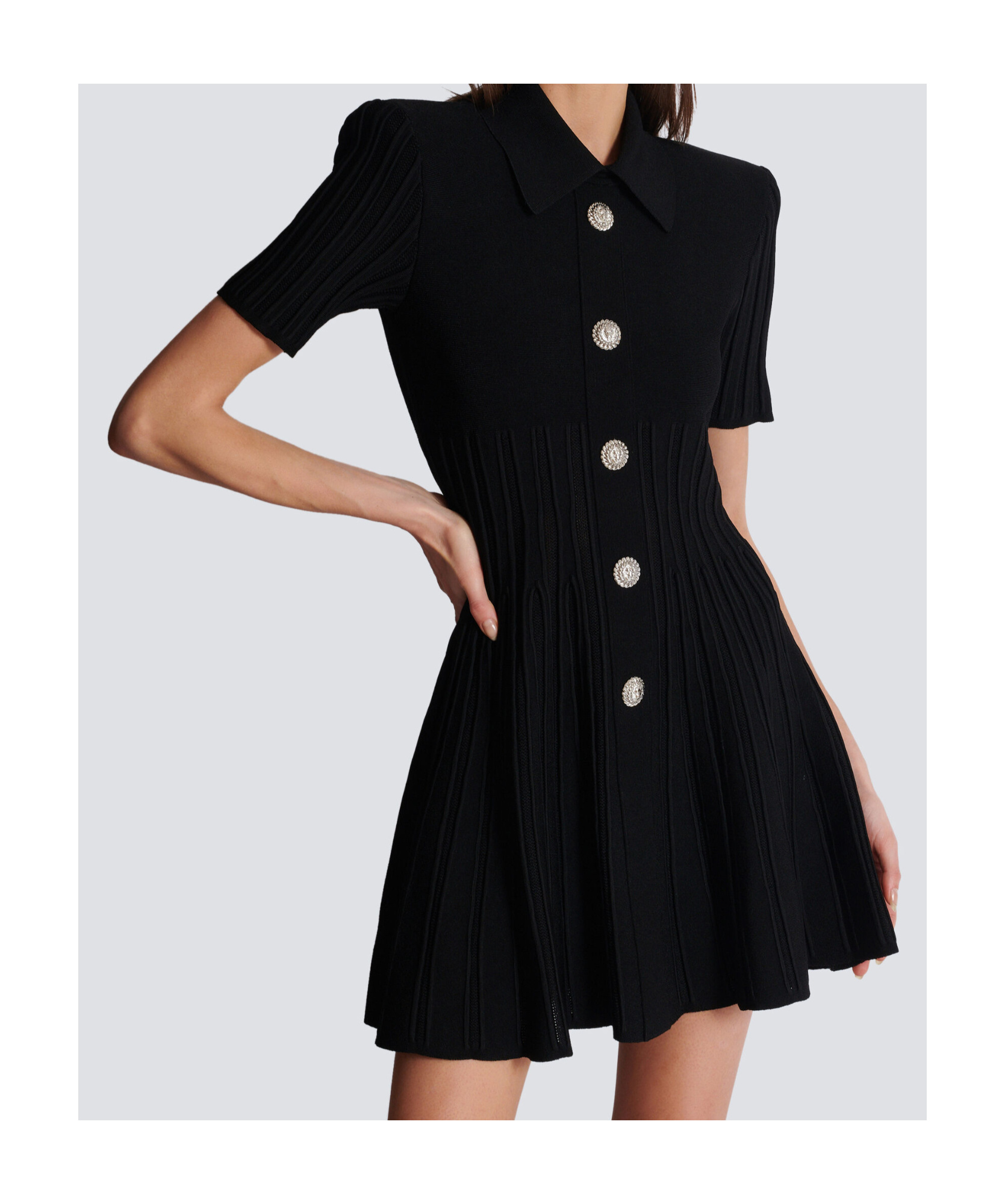 Balmain Short-sleeve Button-front Ribbed Knit Mini Shirtdress In Black