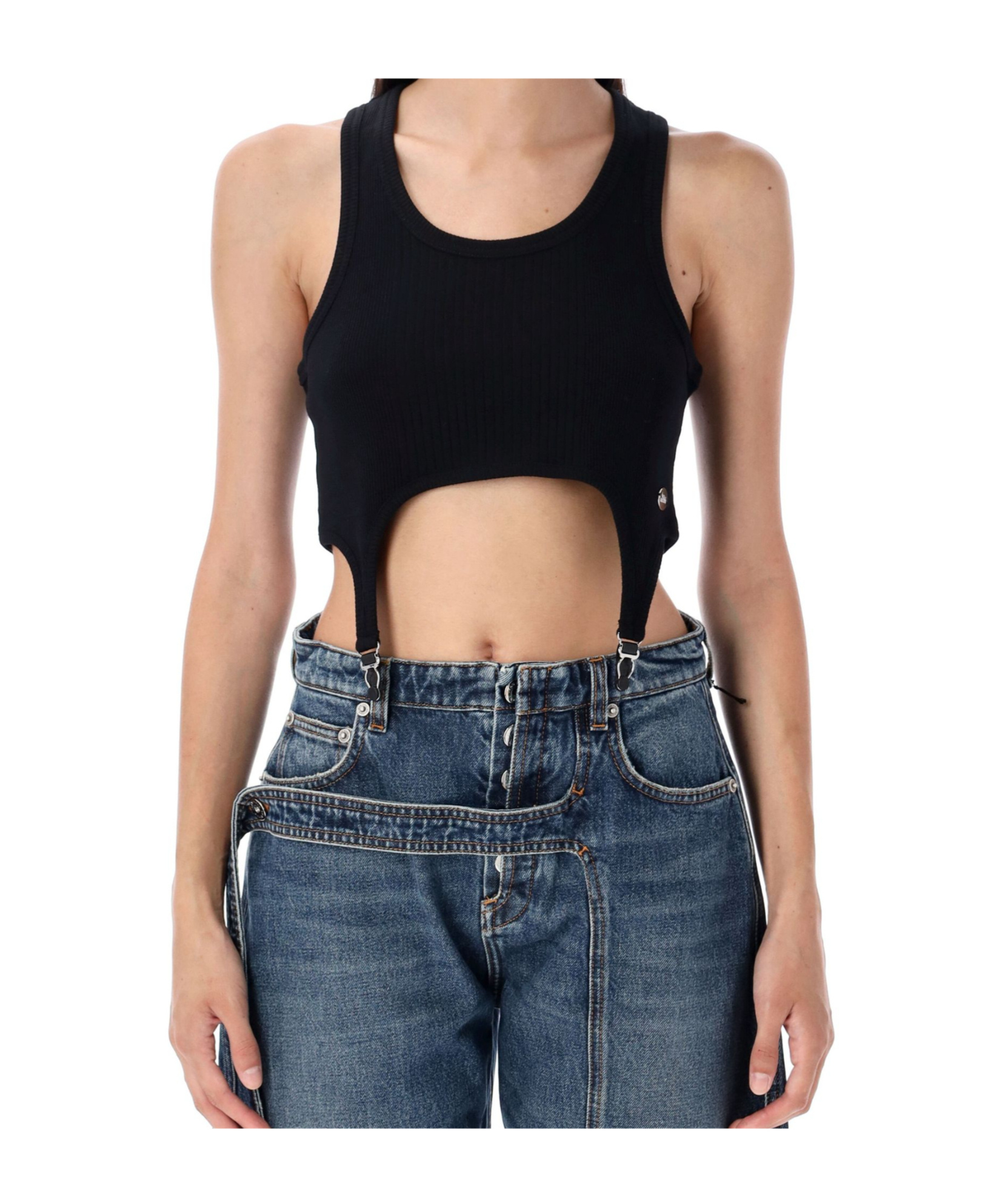 Jean Paul Gaultier Cotton Ribbed Bra With Lingerie Garter Clothing In Blue