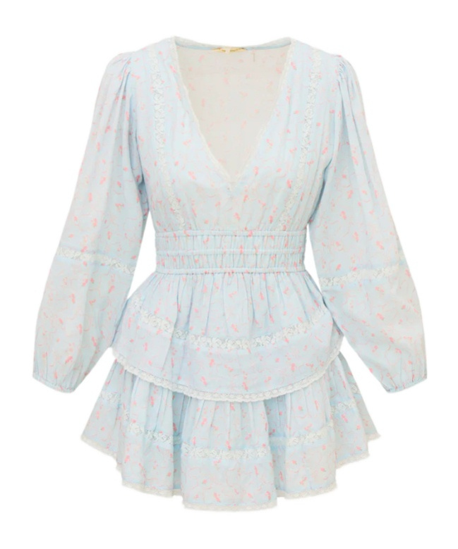 Loveshackfancy Rosamina Cotton Long Sleeve Mini Dress In Blue