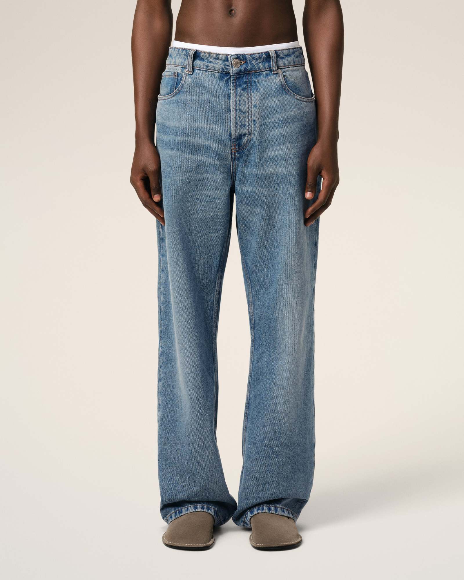 Ami Alexandre Mattiussi Ami Straight-leg Denim Jeans With Faded Blue Wash And Leather Accent