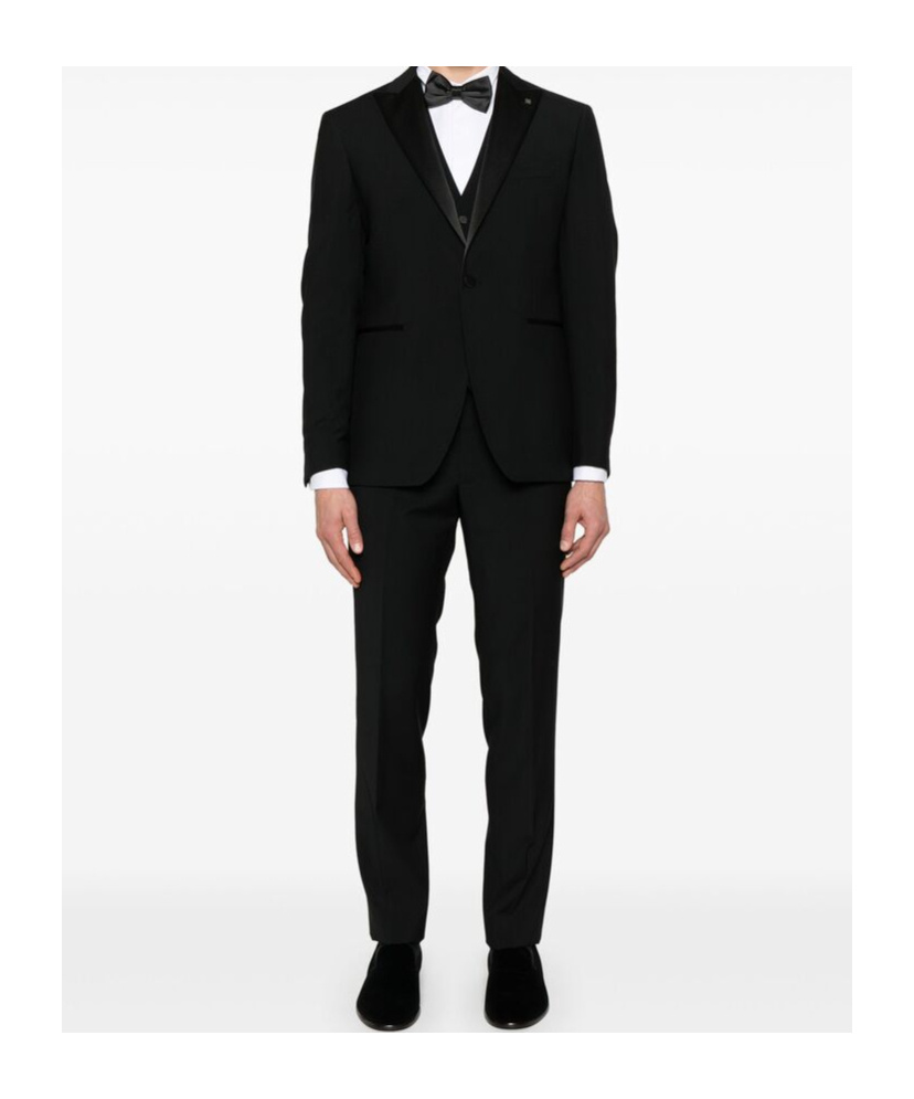 Tagliatore Blue Tailored Suit With Satin Lapel And Shoulders In Black