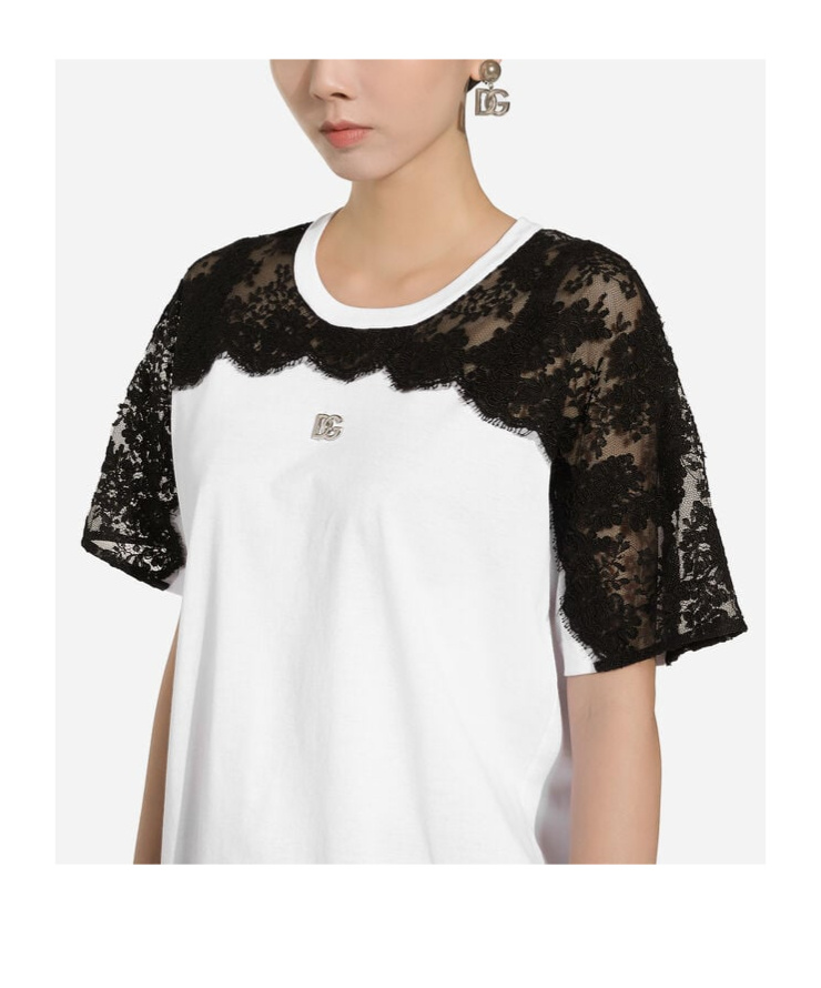 Dolce & Gabbana Jersey T-shirt With Dg Logo And Lace Inserts In White