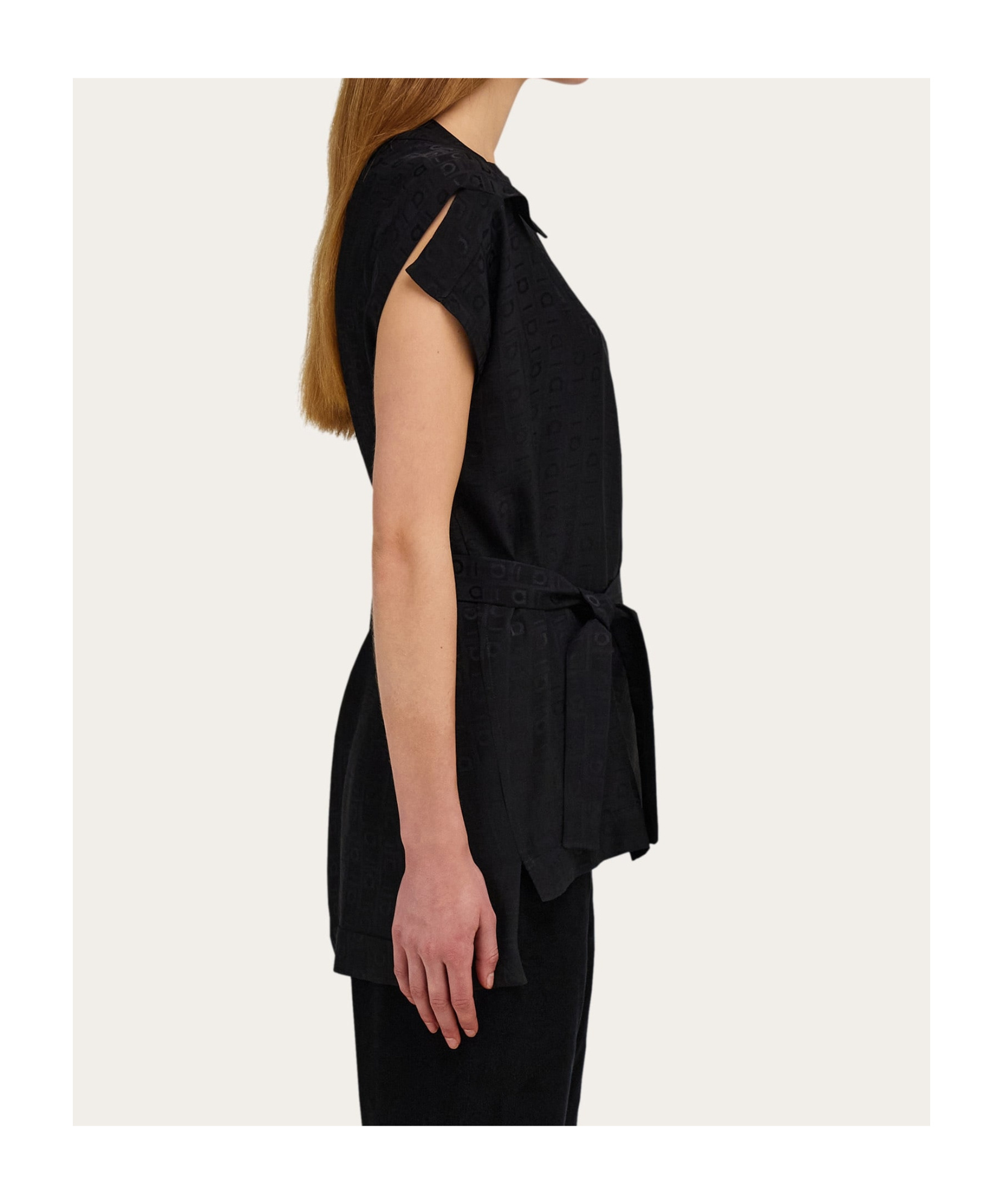 Ferragamo Gancini-print Belted Blouse In Black