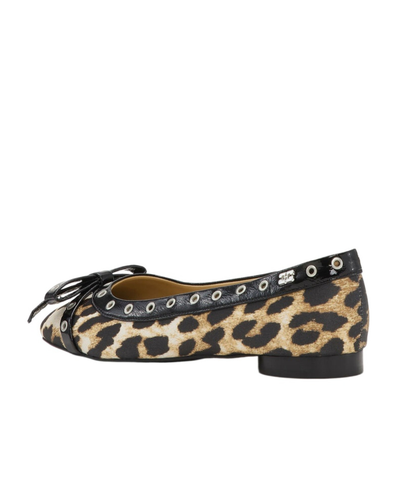 Ganni Eyelet Bow Leopard-print Satin Ballet Flats In Black