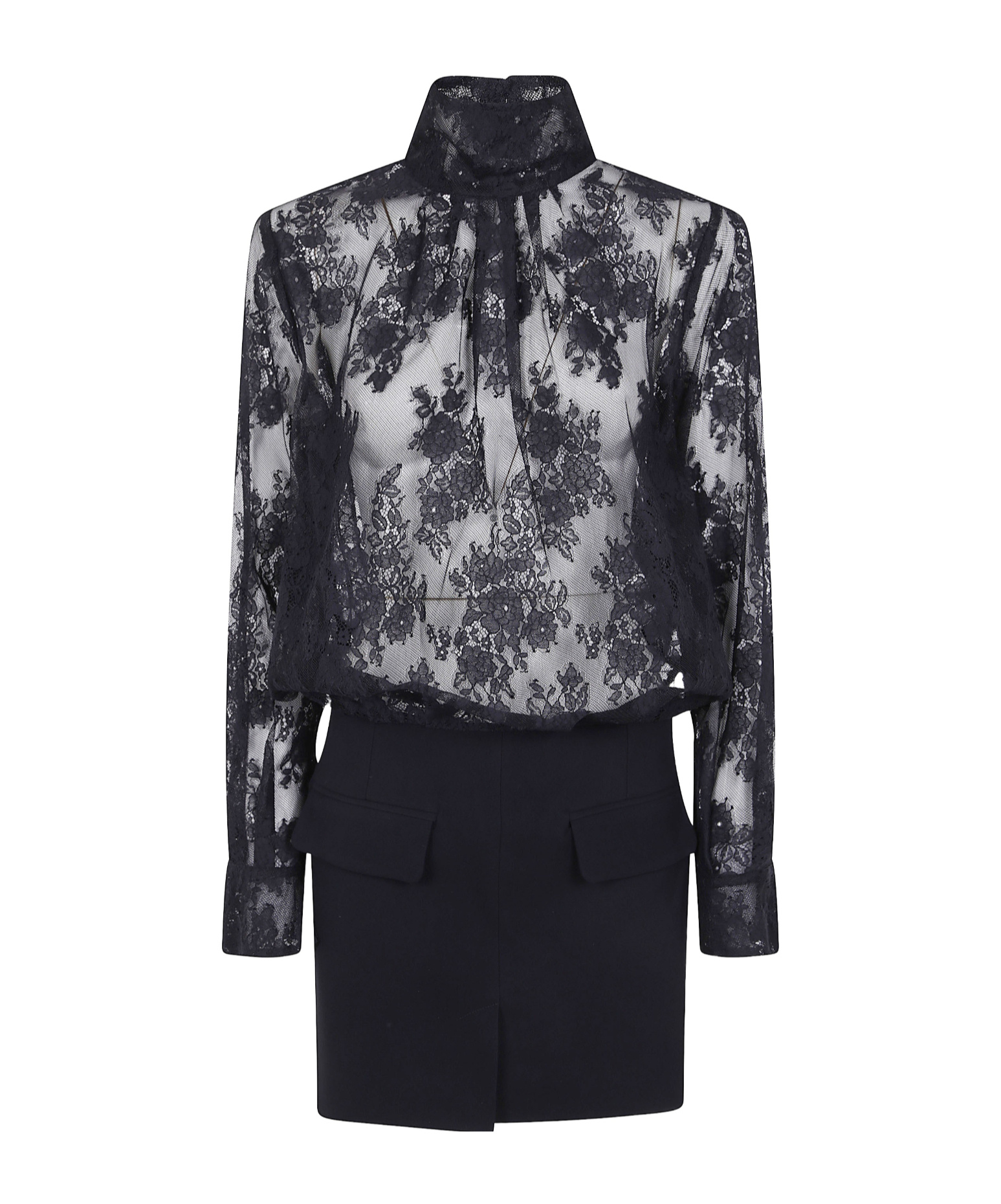 Semicouture Floral High Neck Dress With Keyhole Back In Black