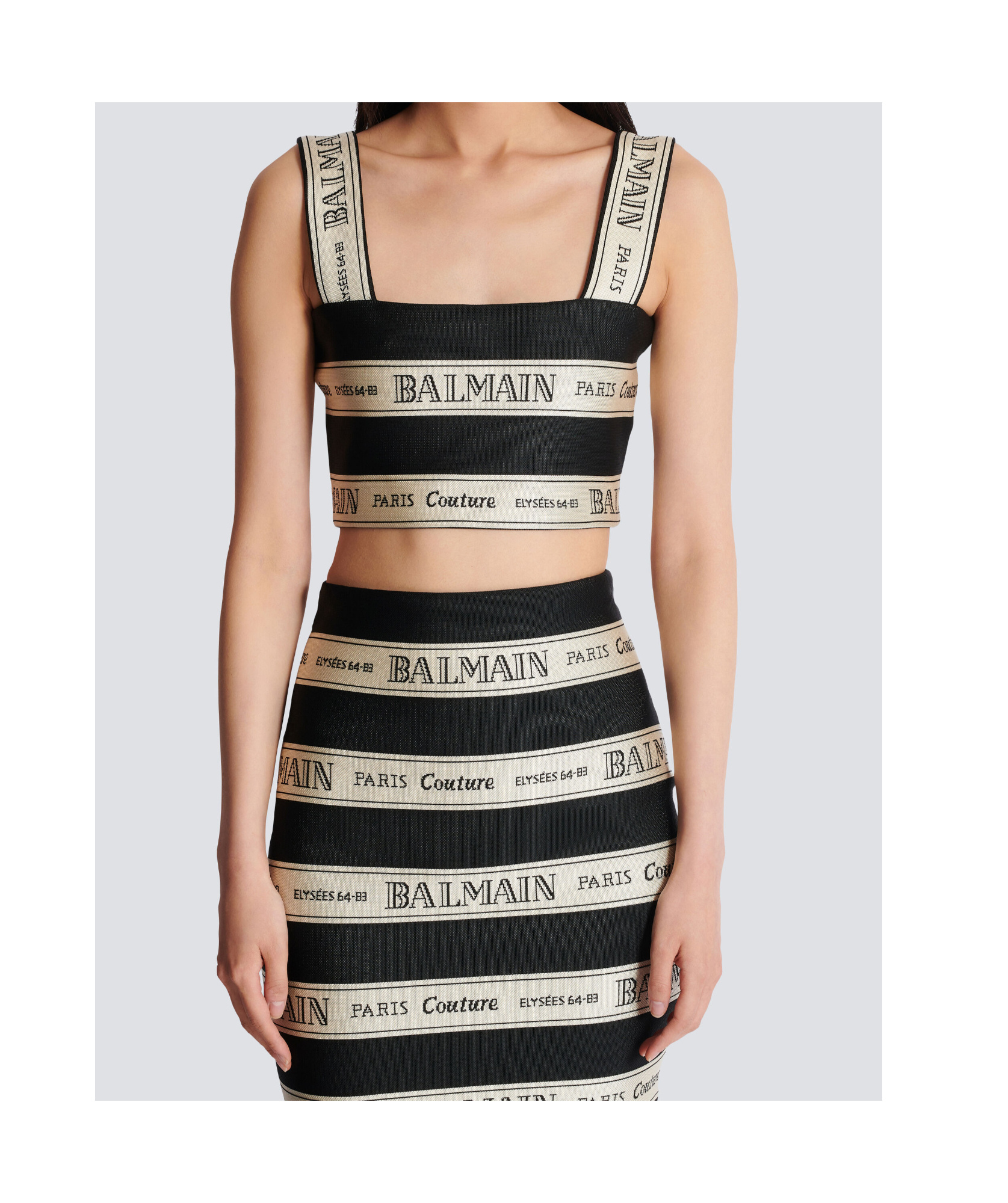 Shop Balmain Ribbon Jacquard Crop Top In Black