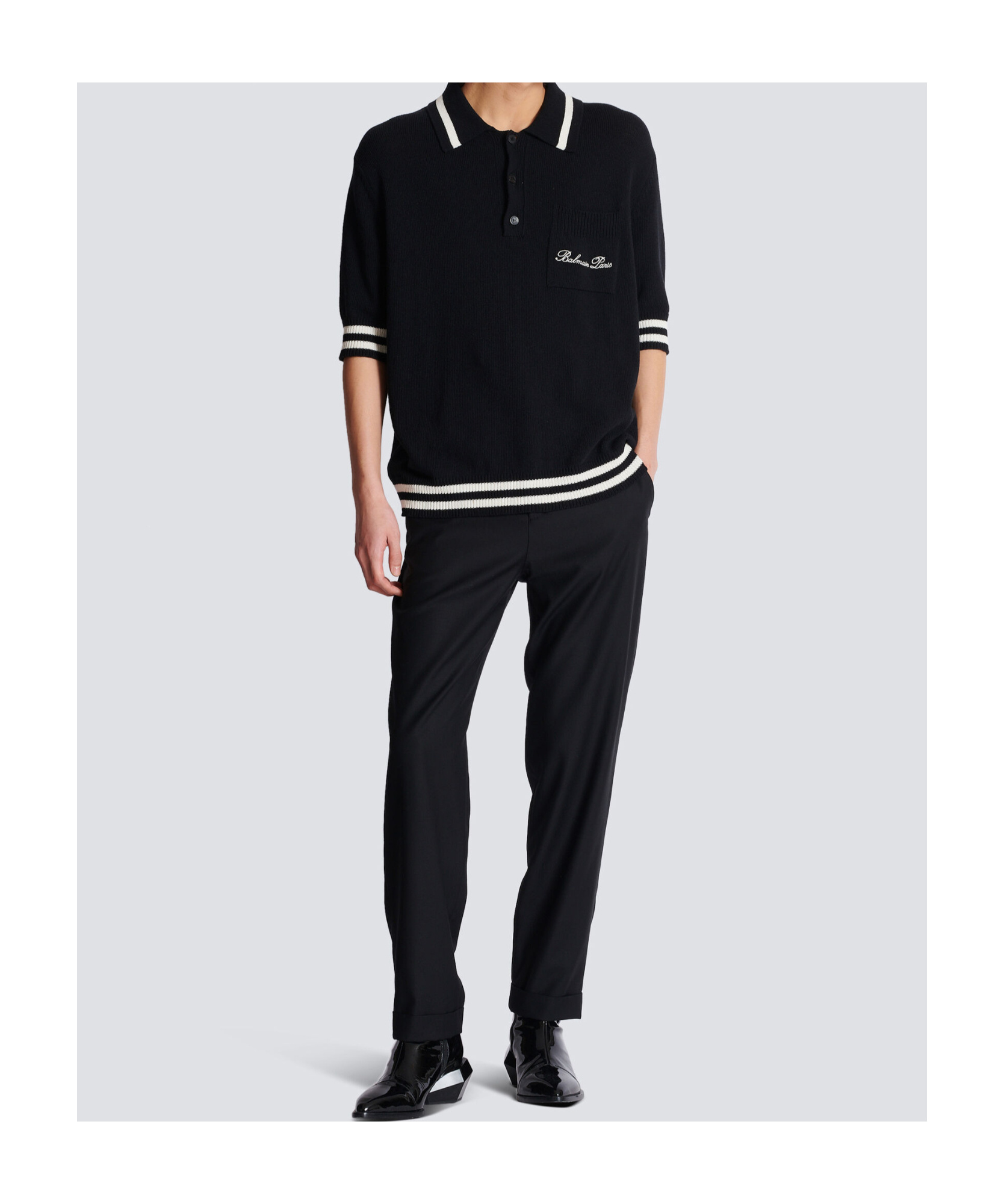 Shop Balmain Wool Polo Shirt With Signature Embroidery In Black