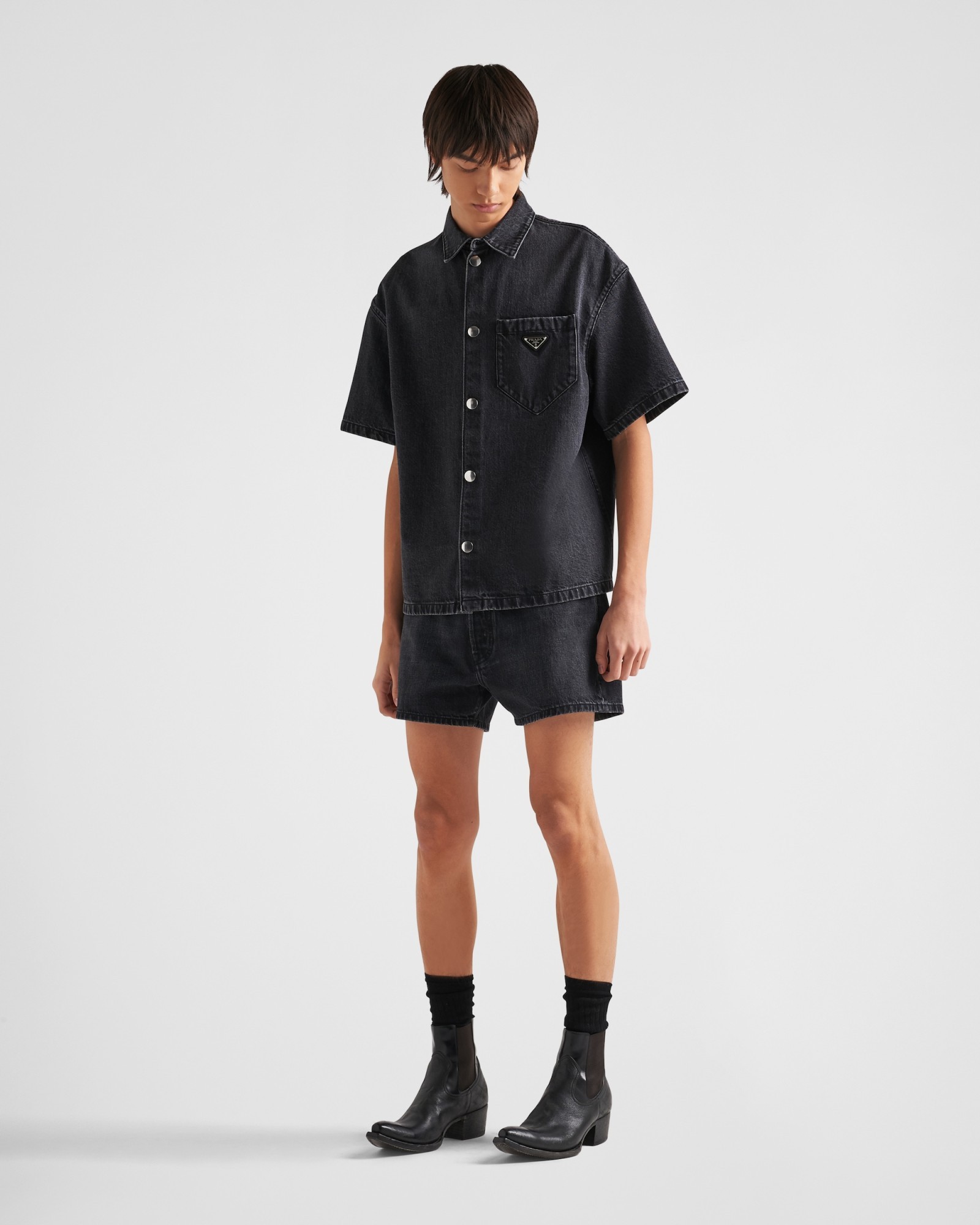Prada Logo Plaque Short Sleeved Denim Shirt In Black