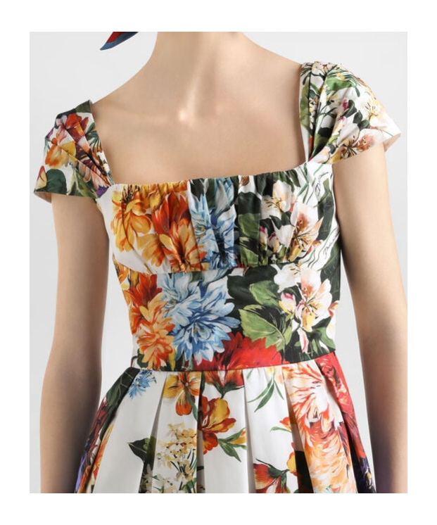 Dolce & Gabbana Floral Bouquet Popeline Cap-sleeve Pleated Dress In Multi