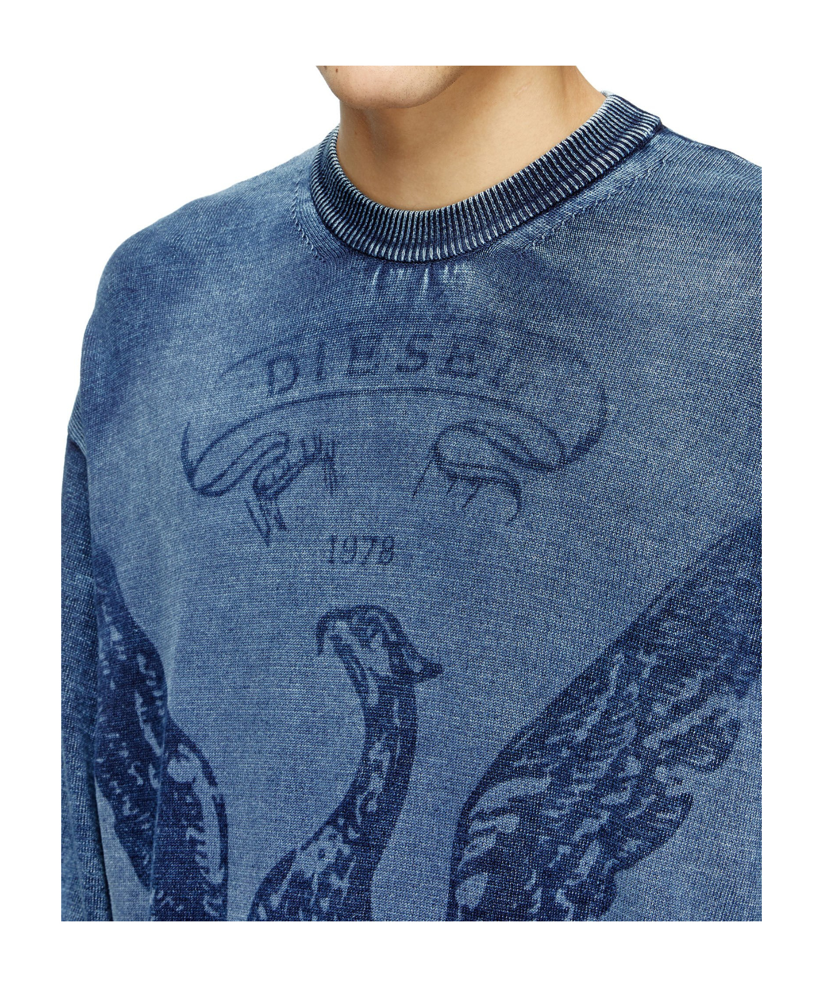 Diesel Phoenix Graphic Crewneck Sweater With Washed Effect In Blue