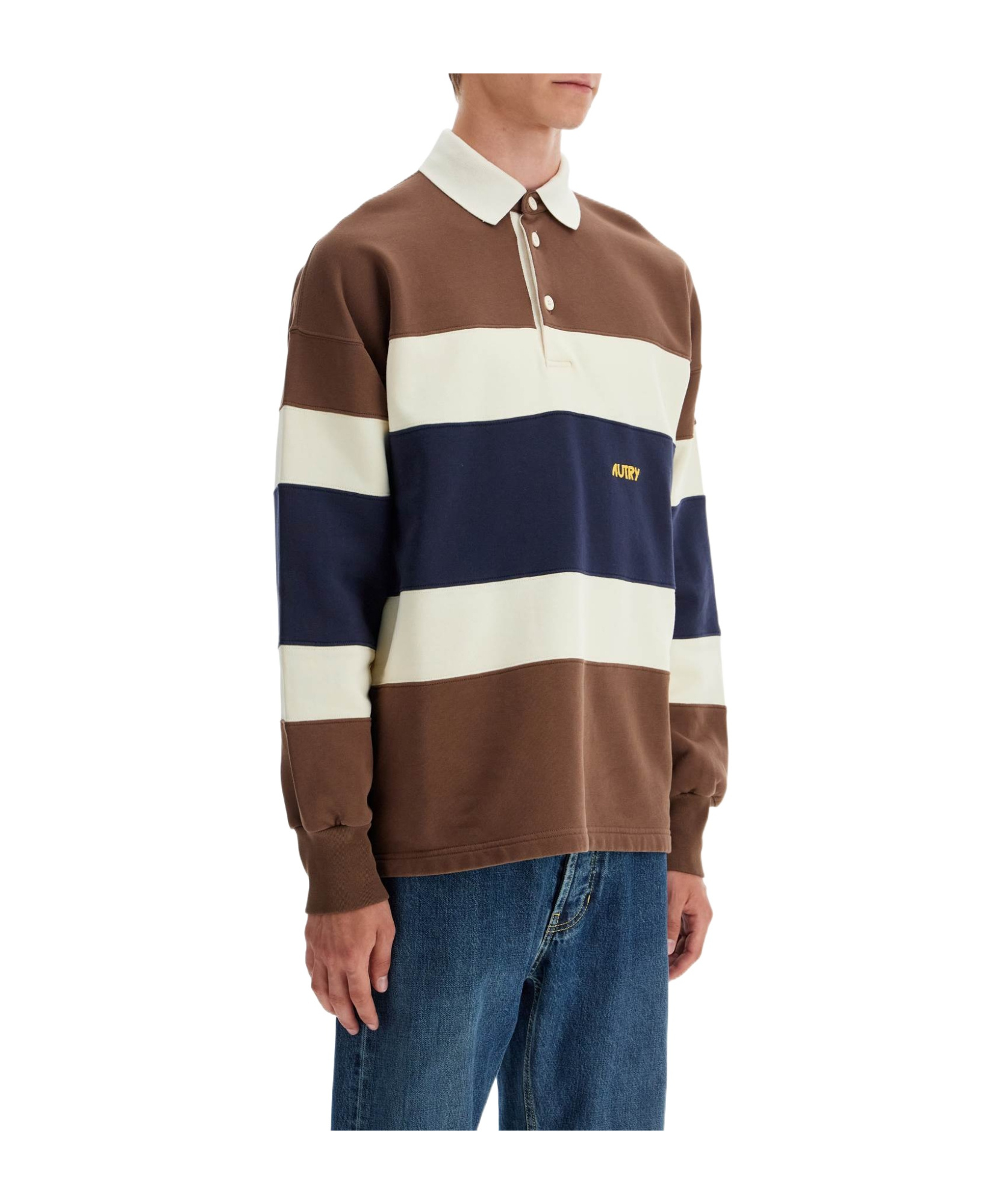 Shop Autry Striped Jersey Polo Shirt In Brown
