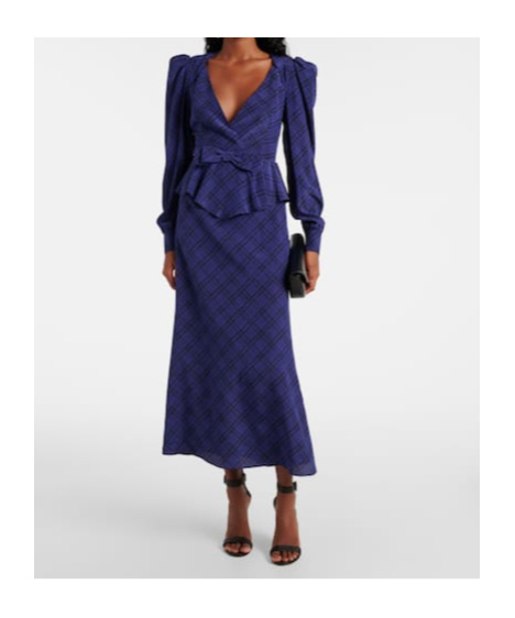 Alessandra Rich Tartan Silk Midi Dress In Blue