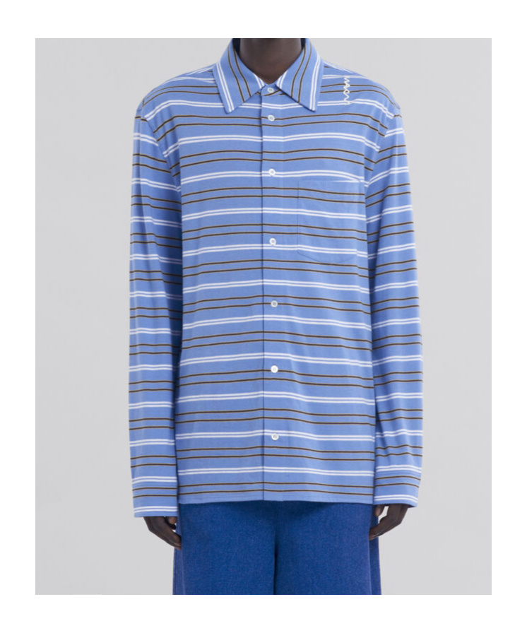 Marni Light Blue Cotton Turtleneck Polo With Horizontal Stripes In Blue