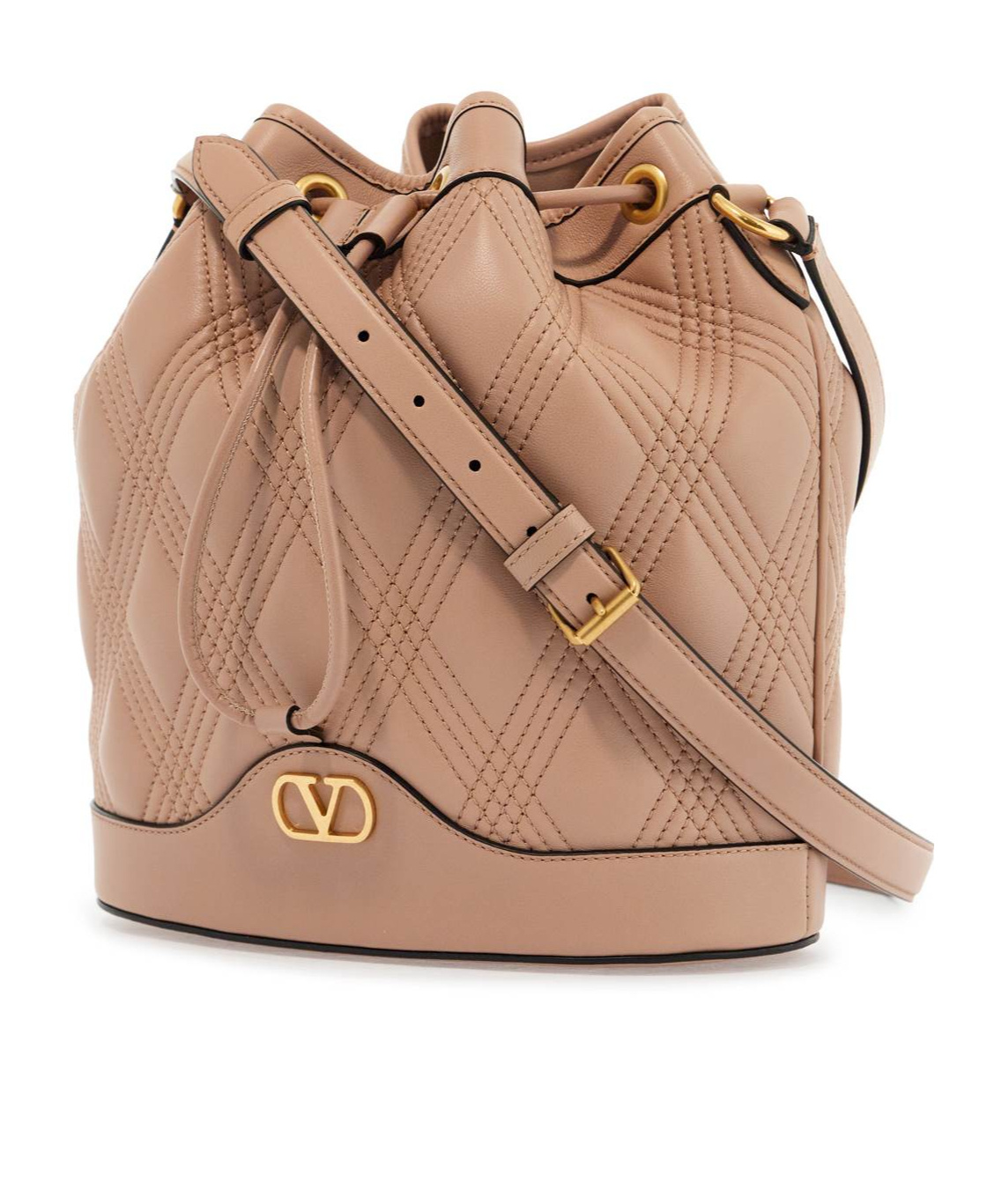 Valentino Garavani Quilted Pink Leather Bucket Crossbody Bag With Golden Details