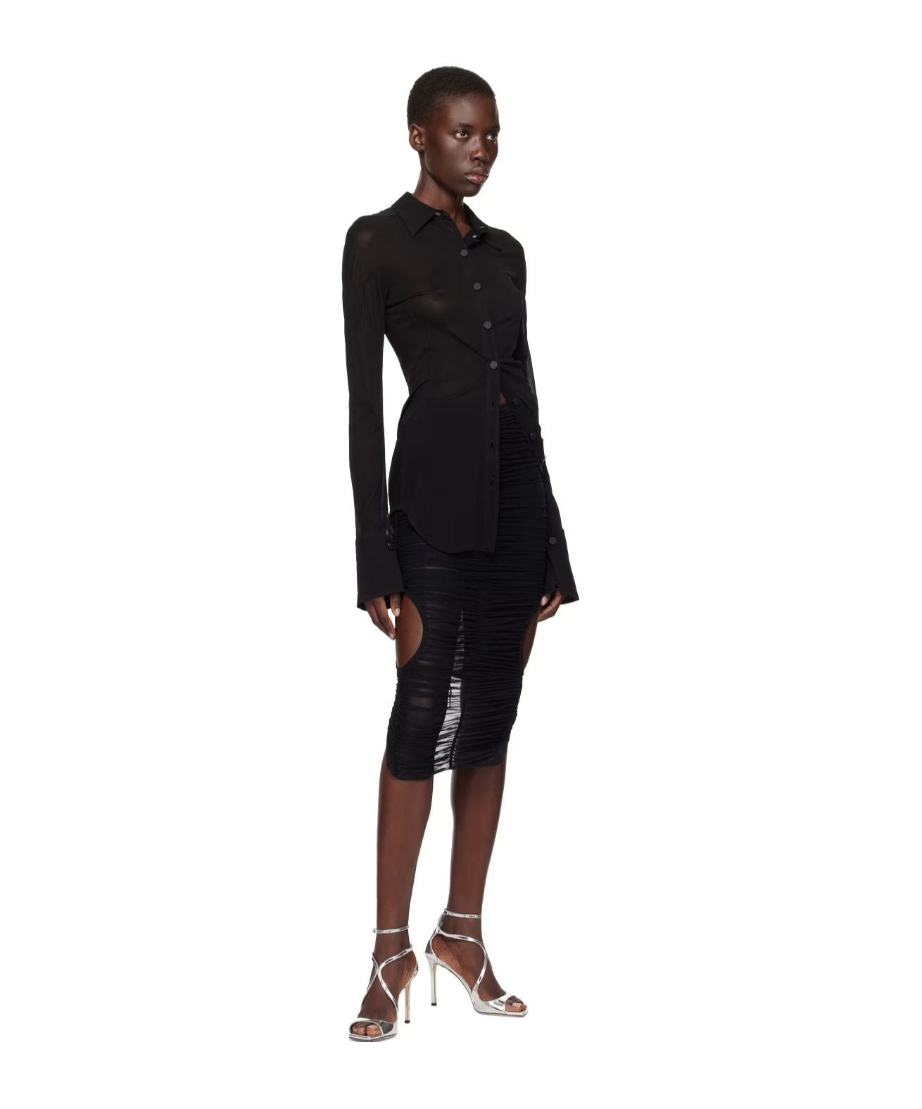Mugler Draped Mesh Midi Skirt In Black