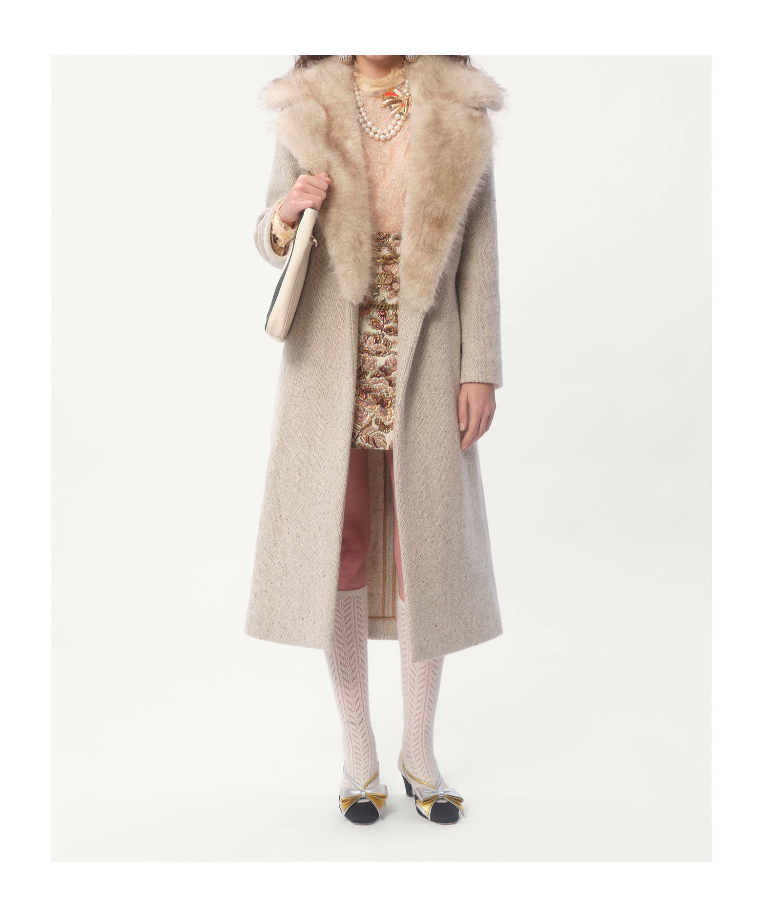 Valentino Belted Faux Fur Collar Wool Coat In Nude