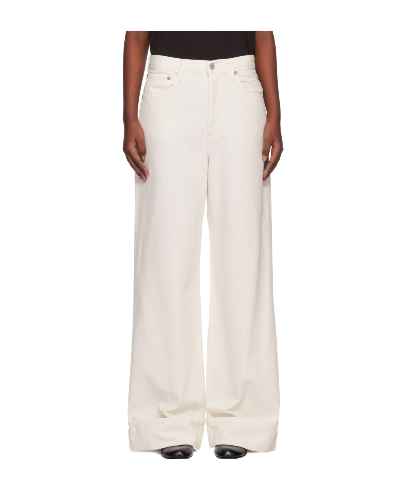 Agolde High Waist Cuffed Denim Trousers In White