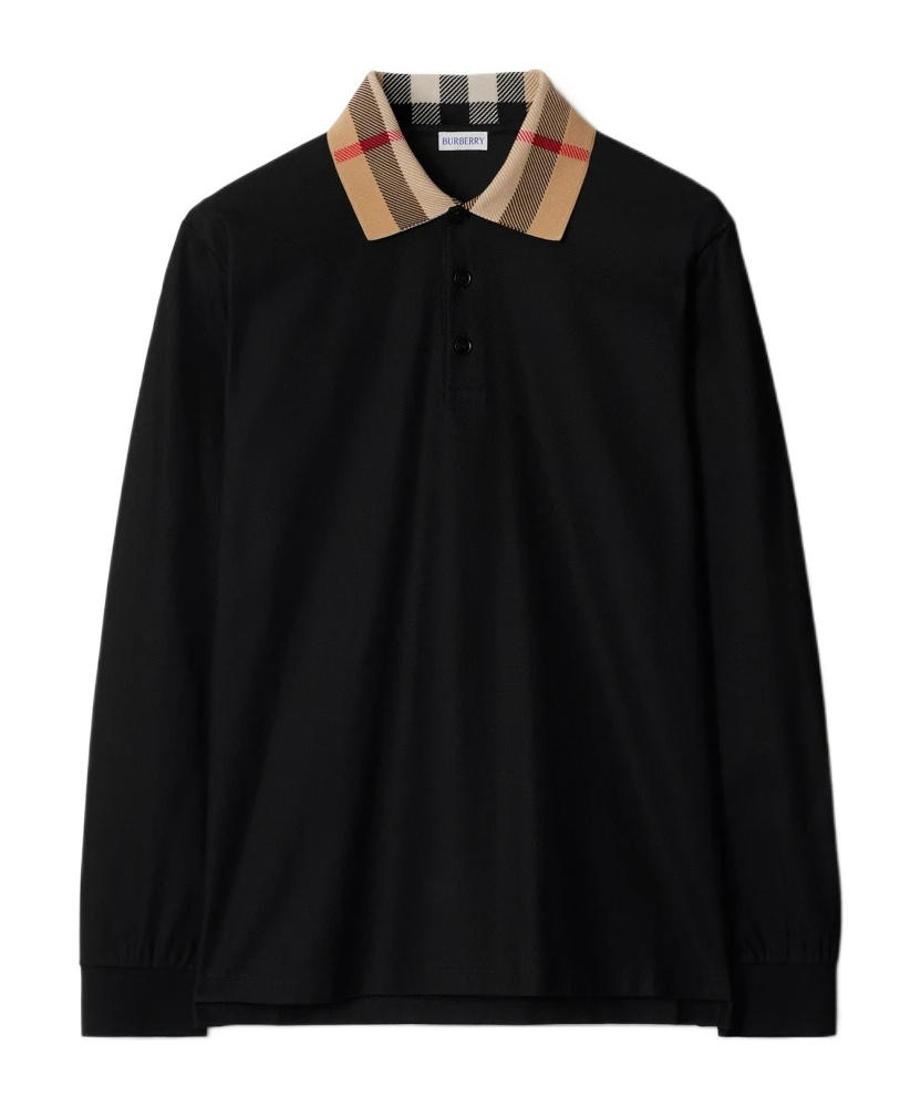 Burberry Cody Beige Polo Shirt With Long Sleeves And Check Motiv On The Collar In Cotton Man In Black