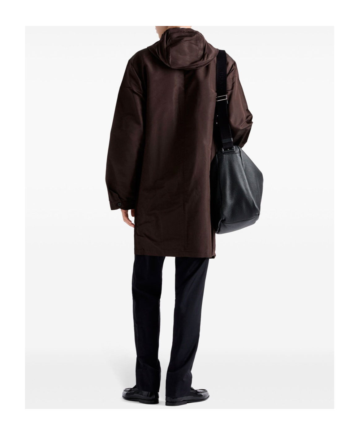 Prada Mid-thigh Brown Zip-up Coat With Hood And Subtle Branding In Black