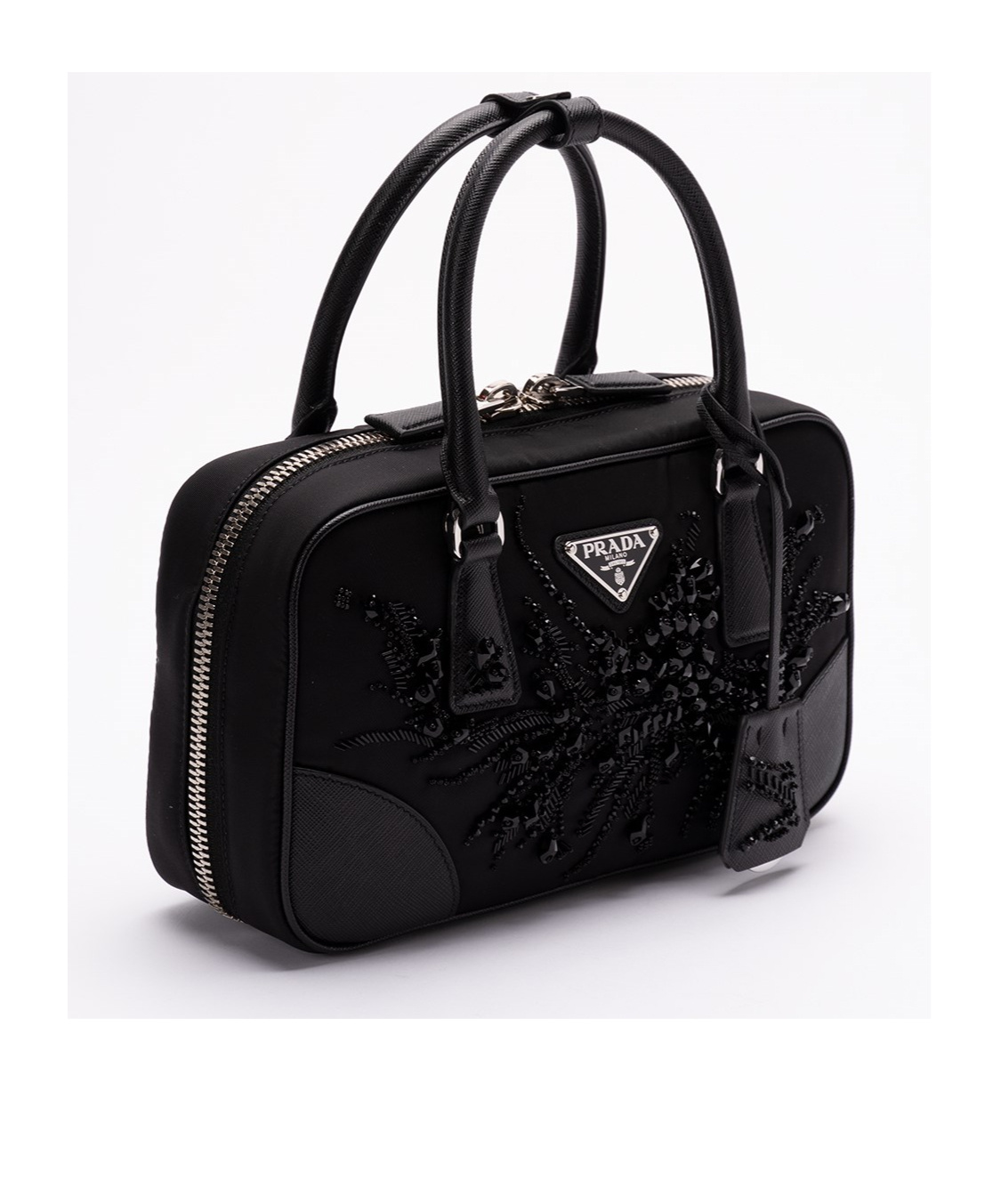 Prada Triangle Logo-embroidered Top Handle Bag In Black