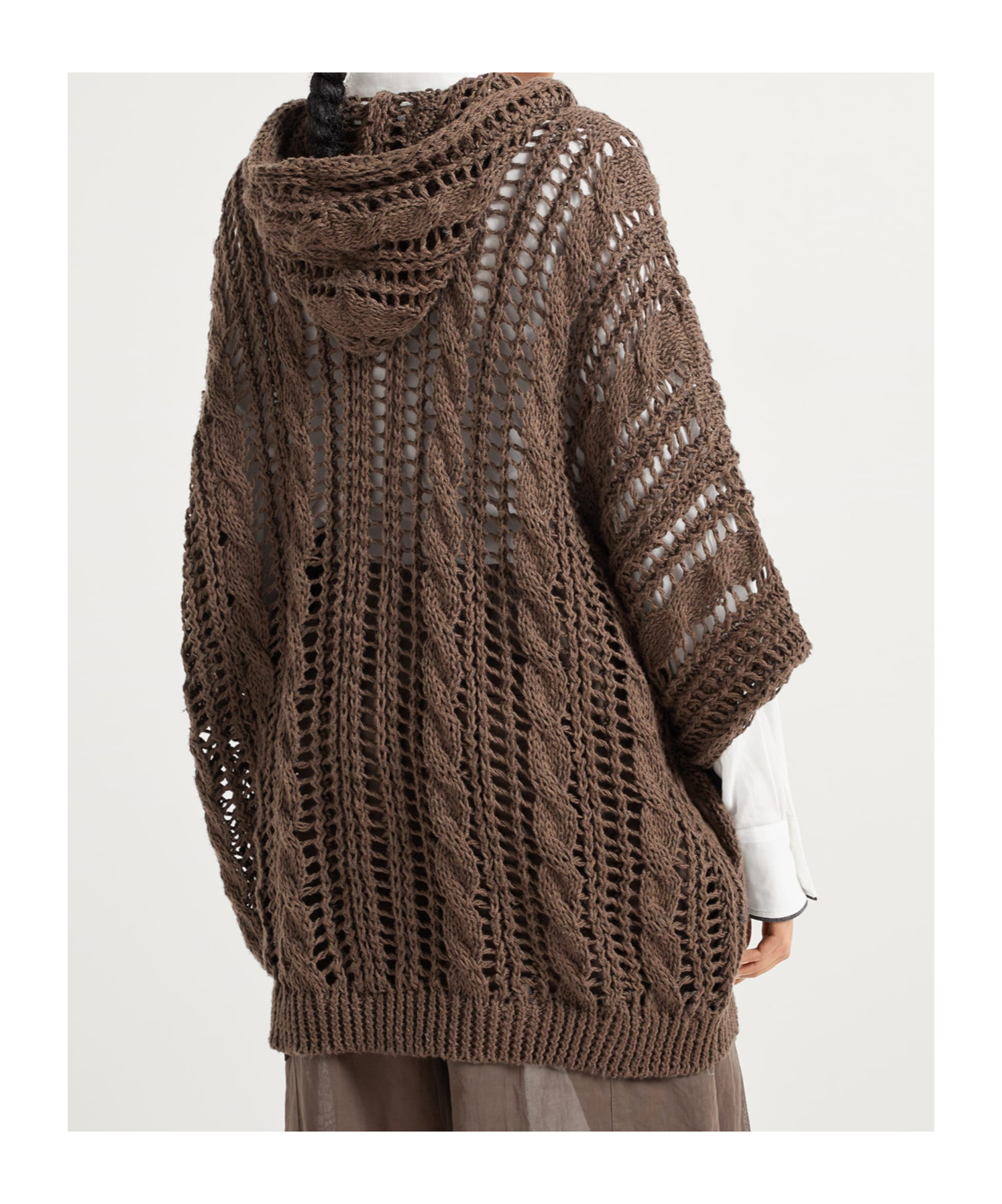 Brunello Cucinelli Knitwear Hooded Open-knit Cardigan Short Sleeves In Brown