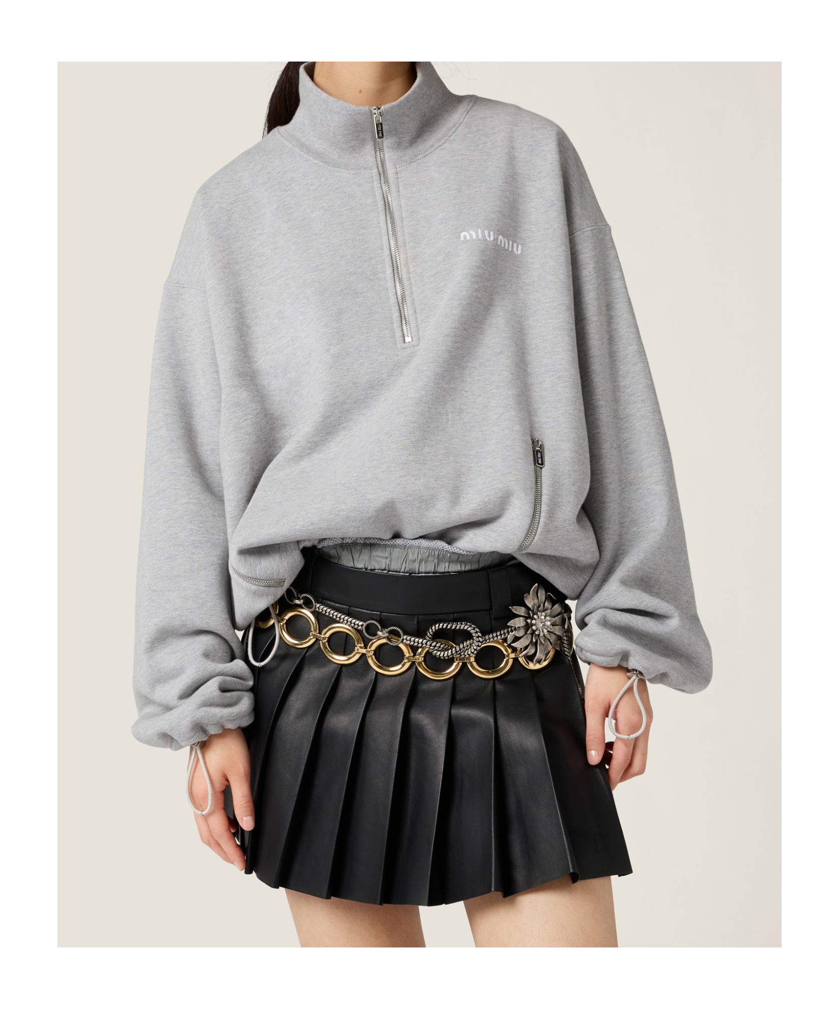 Miu Miu Cotton Fleece Zipper Sweatshirt In Gray