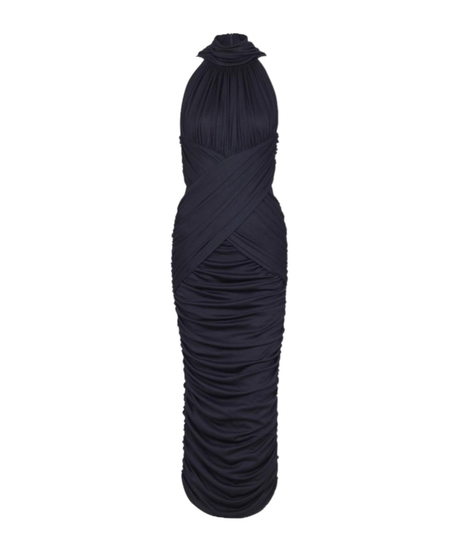 Balmain Draped Knit Midi Dress In Black