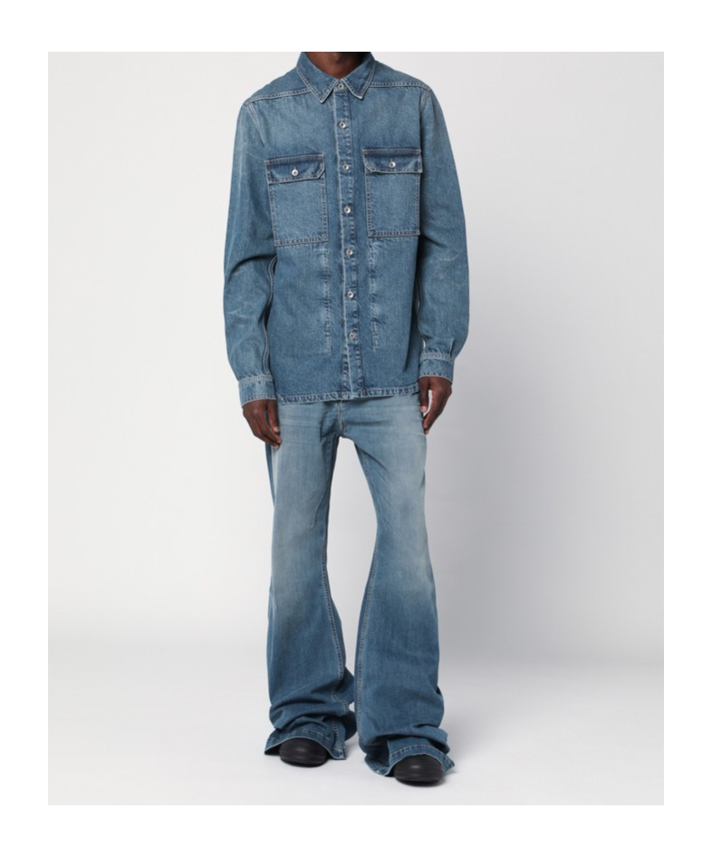 Rick Owens Drkshdw Mens Two-buttoned-pockets Curved-hem Denim Shirt Washed Indigo In Blue