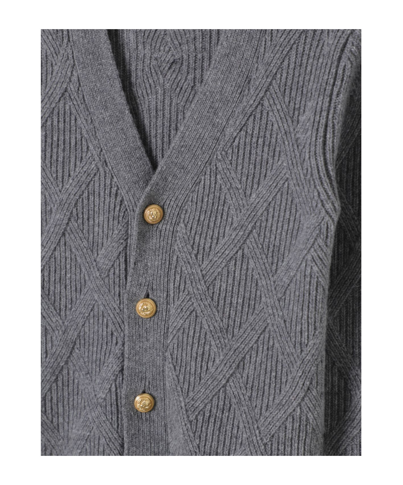 Balmain Long-sleeved V-neck Knitted Cardigan In Gray