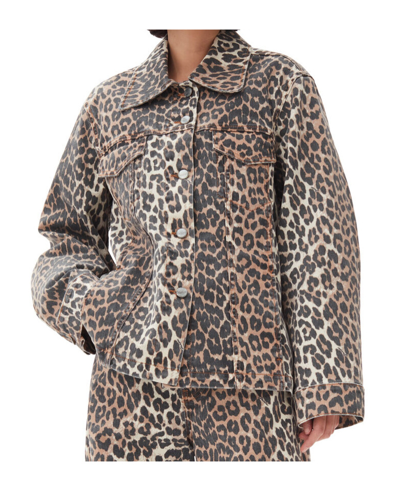 Ganni "leopard Print Denim Jacket" In Nude