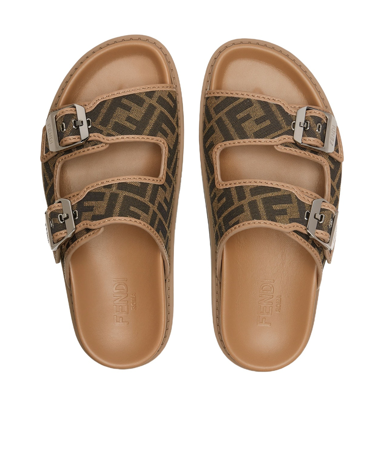 Fendi Canvas Feel Slippers With Adjustable Straps And Ff Motif Embroidery In Brown