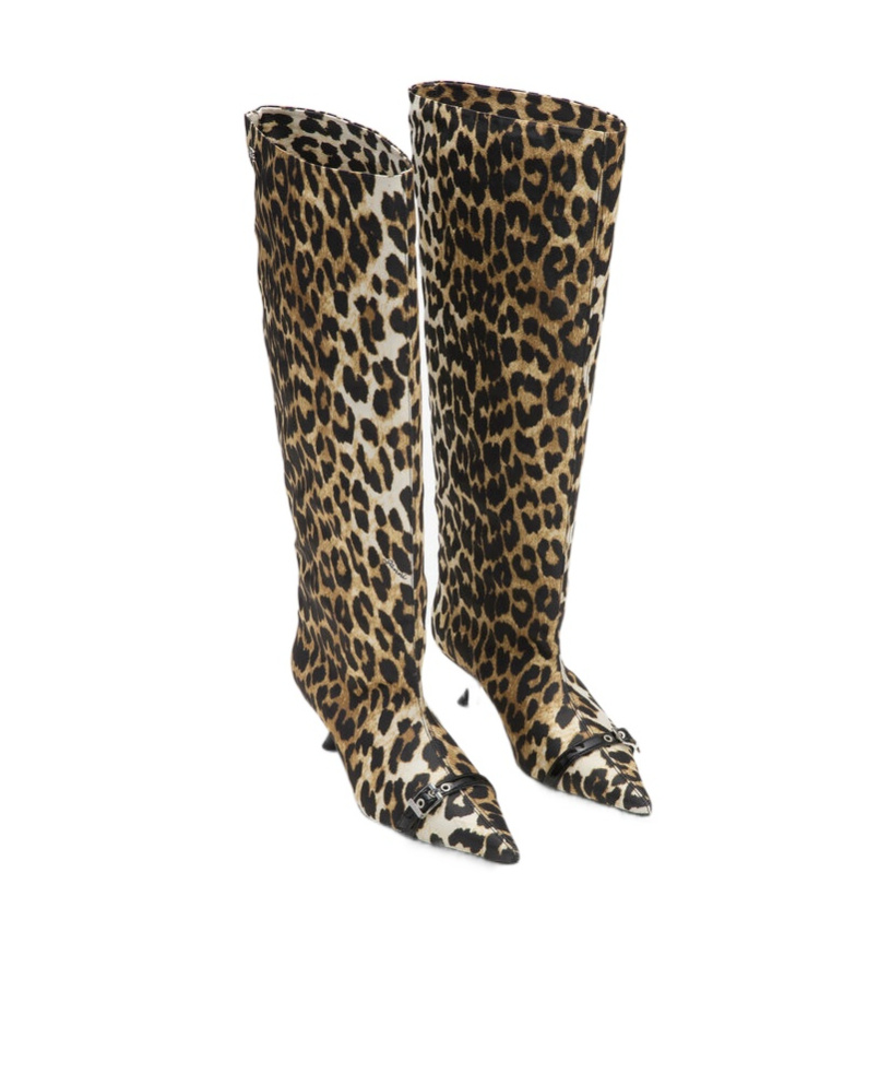 Ganni Slouchy Pointed Toe Kitten Heel Knee High Boot In Animal Print