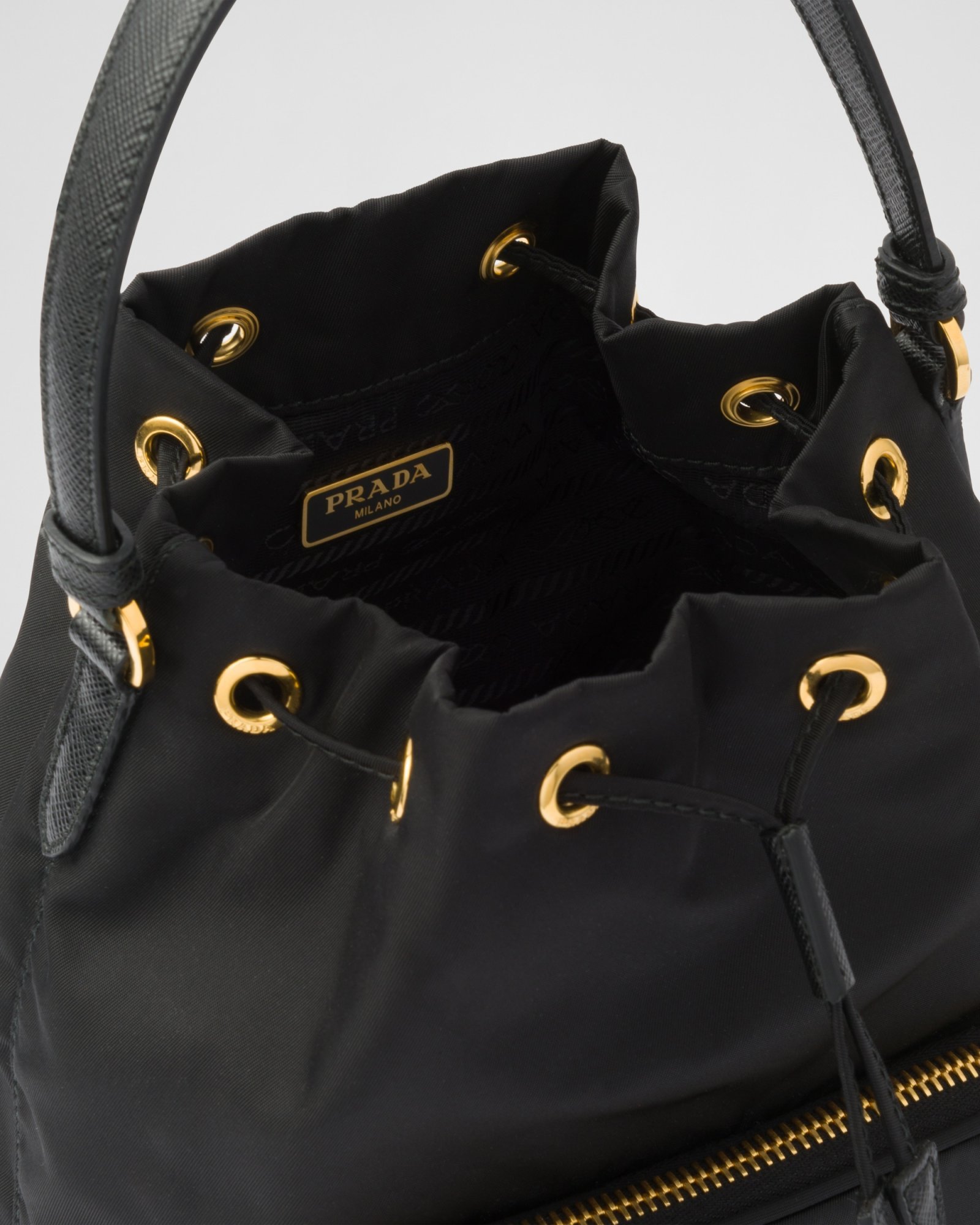 Prada Black Duet Re-nylon Brand-plaque Recycled-polyamide Bucket Bag In Black