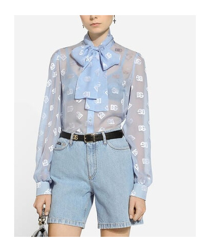 Dolce & Gabbana Pussy-bow Collar Semi-sheer Shirt In Blue