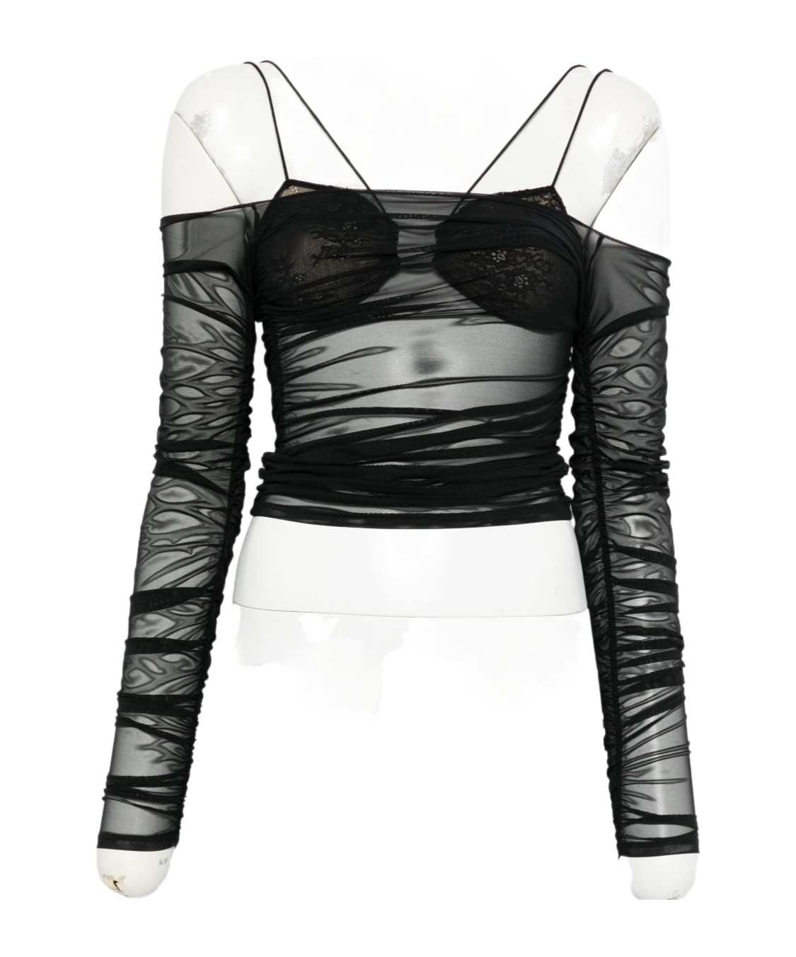 Amazuìn Semi-transparent Off-the-shoulder Top With Ruched Detailing In Black