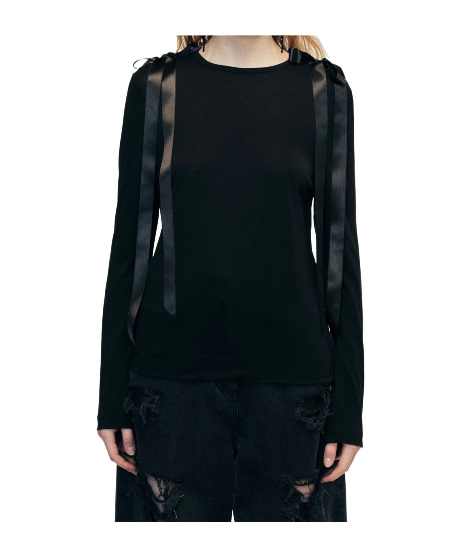 Simone Rocha Womens Black Bow-ribbon Long-sleeves Woven T-shirt In Black