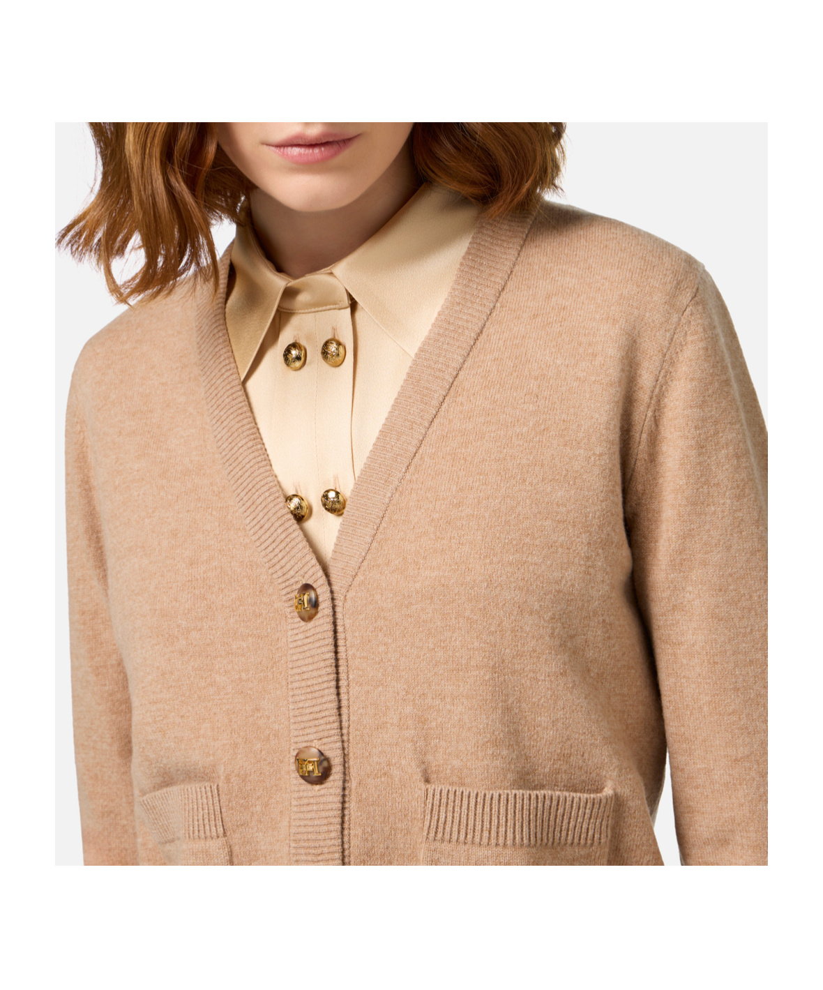 Elisabetta Franchi Long-sleeved Knitted Cardigan In Nude