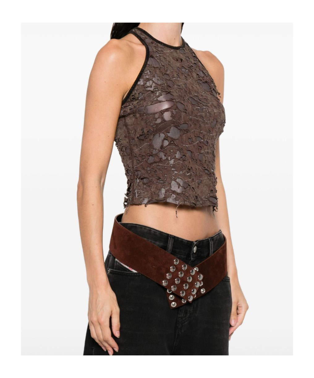 Diesel Logo Embroidered Distressed Sleeveless Top In Brown