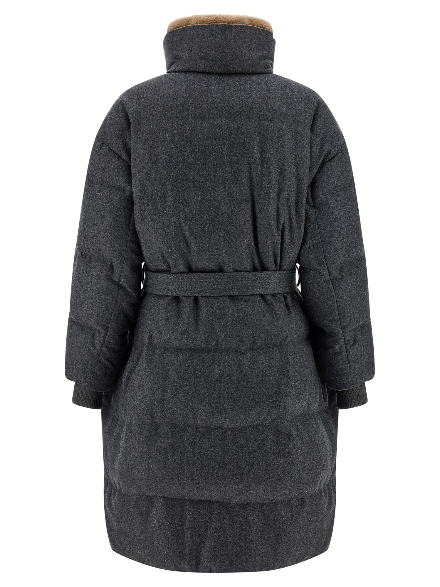 Brunello Cucinelli Lamb Shearling-collar Cashmere Puffer Jacket With Belt In Gray