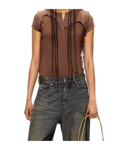 Diesel Henley T-shirt With Peel-off Effect In Brown