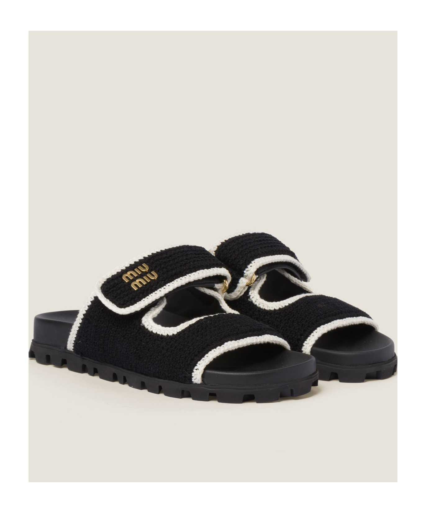 Miu Miu Bicolor Crochet Grip Slide Sandals In Black